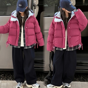 火龙果色棉服女童韩版加厚面包服中大童连帽时尚超好看羽绒棉上衣
