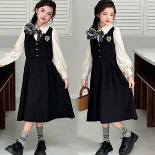 女童学院风连衣裙春款洋气高级感韩版中大童假两件时尚蝴蝶结裙子