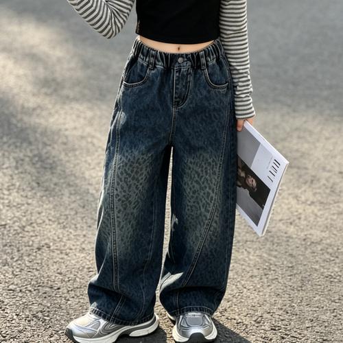 女童豹纹秋季新款宽松阔腿牛仔裤