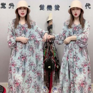 连衣裙女22春夏新款时尚宽松显瘦韩版大码长袖雪纺碎花长款沙滩裙