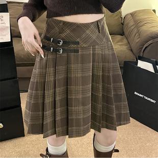 格子百褶裙大码 复古显瘦 氛围感皮扣a字裙学院风半身裙短裙加长款