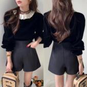 休闲外穿阔腿裤 高腰显瘦a字打底靴裤 灰色氛围感大码 秋冬毛呢短裤