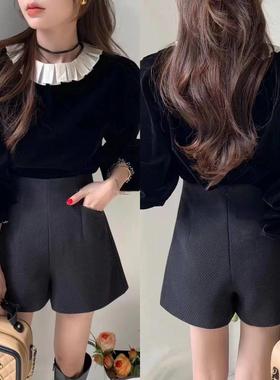 秋冬毛呢短裤灰色氛围感大码高腰显瘦a字打底靴裤休闲外穿阔腿裤