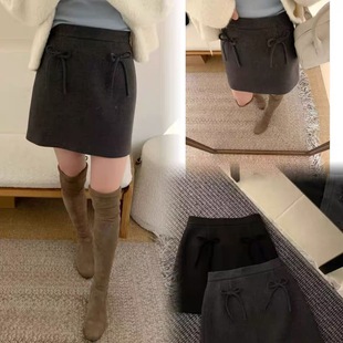 秋冬立体蝴蝶结毛呢短裙灰色高级感半身裙韩系高腰显瘦百搭a字裙