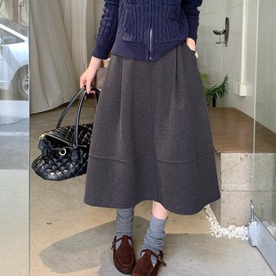 毛呢花苞半身裙高腰显瘦中长款 A字蓬蓬裙miu系灰色高级感伞裙秋冬
