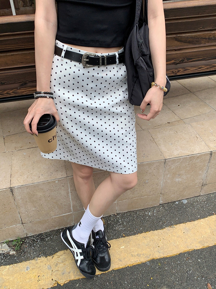 波点半身裙加长款中裙春新款白色高腰短裙显瘦遮胯百搭休闲A字裙