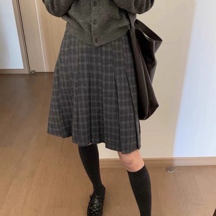 毛呢百褶半身裙学院风高腰显瘦格纹a字中裙韩系百搭灰色短裙秋冬
