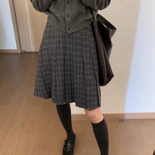 格纹毛呢百褶中裙a字高腰显瘦