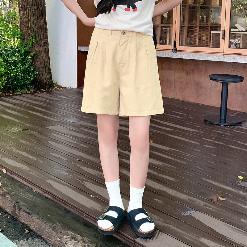 艺野系 日系卡其色高腰a字阔腿短裤女夏学院小个子宽松休闲五分裤
