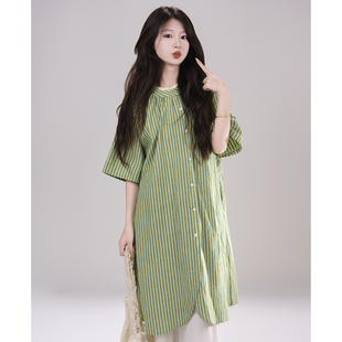 连衣裙女夏文艺森系减龄衬衫 艺野系日系复古花边领绿色条纹短袖 裙