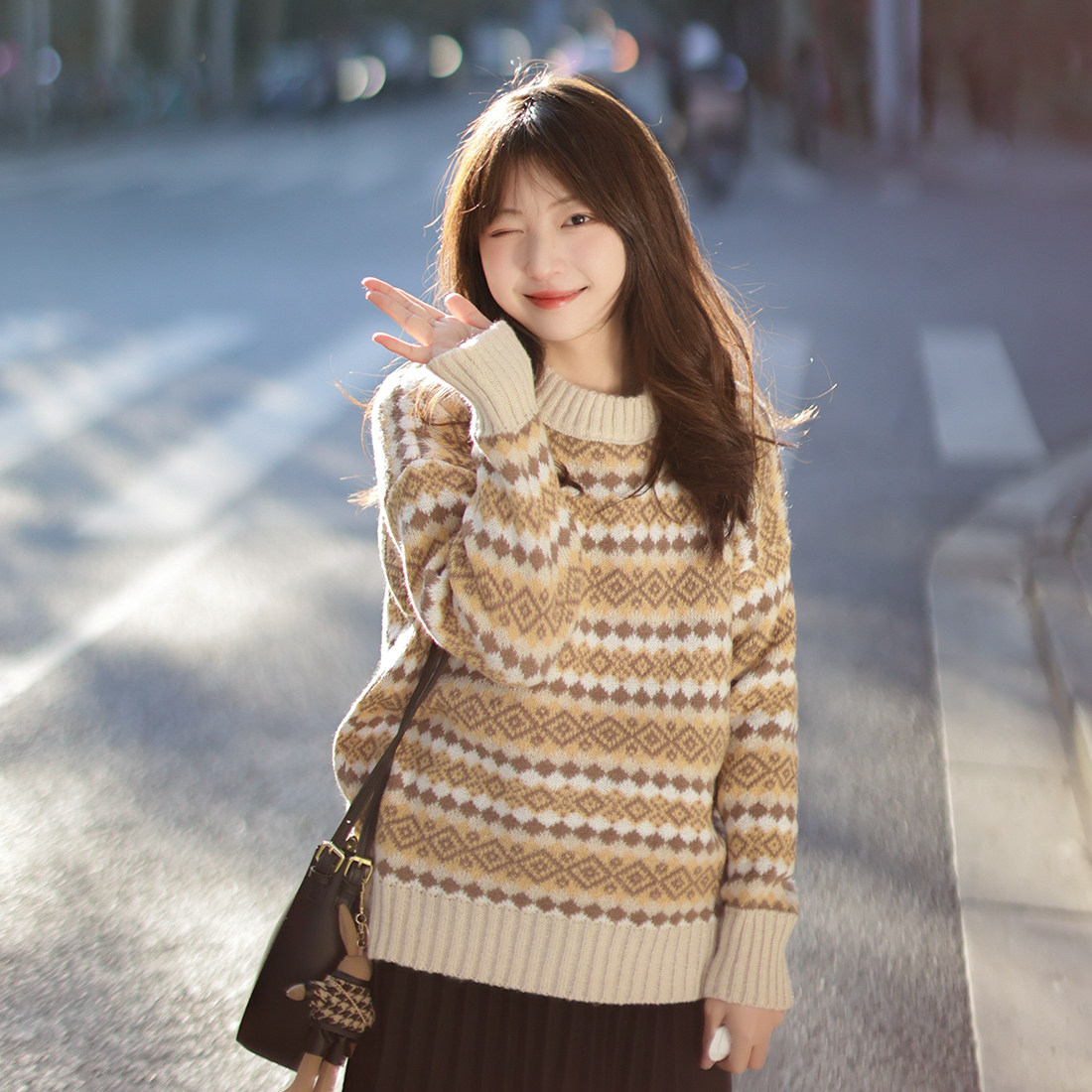 艺野系 复古费尔岛咖色菱格提花毛衣女秋冬港味chic古着感针织衫