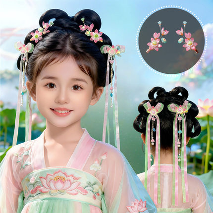 儿童汉服头饰超仙古装发夹女童六一表演唐装发饰古风夏季飘带对夹