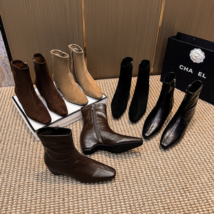 5CM 复古百搭瘦瘦靴极简精致气质韩系女靴 话梅显瘦短靴 法式 新款