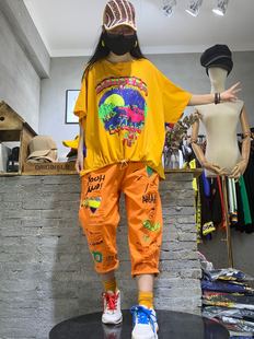 泰国潮牌2022夏季新品卡通印花宽松大码女装休闲重工圆领T恤女F