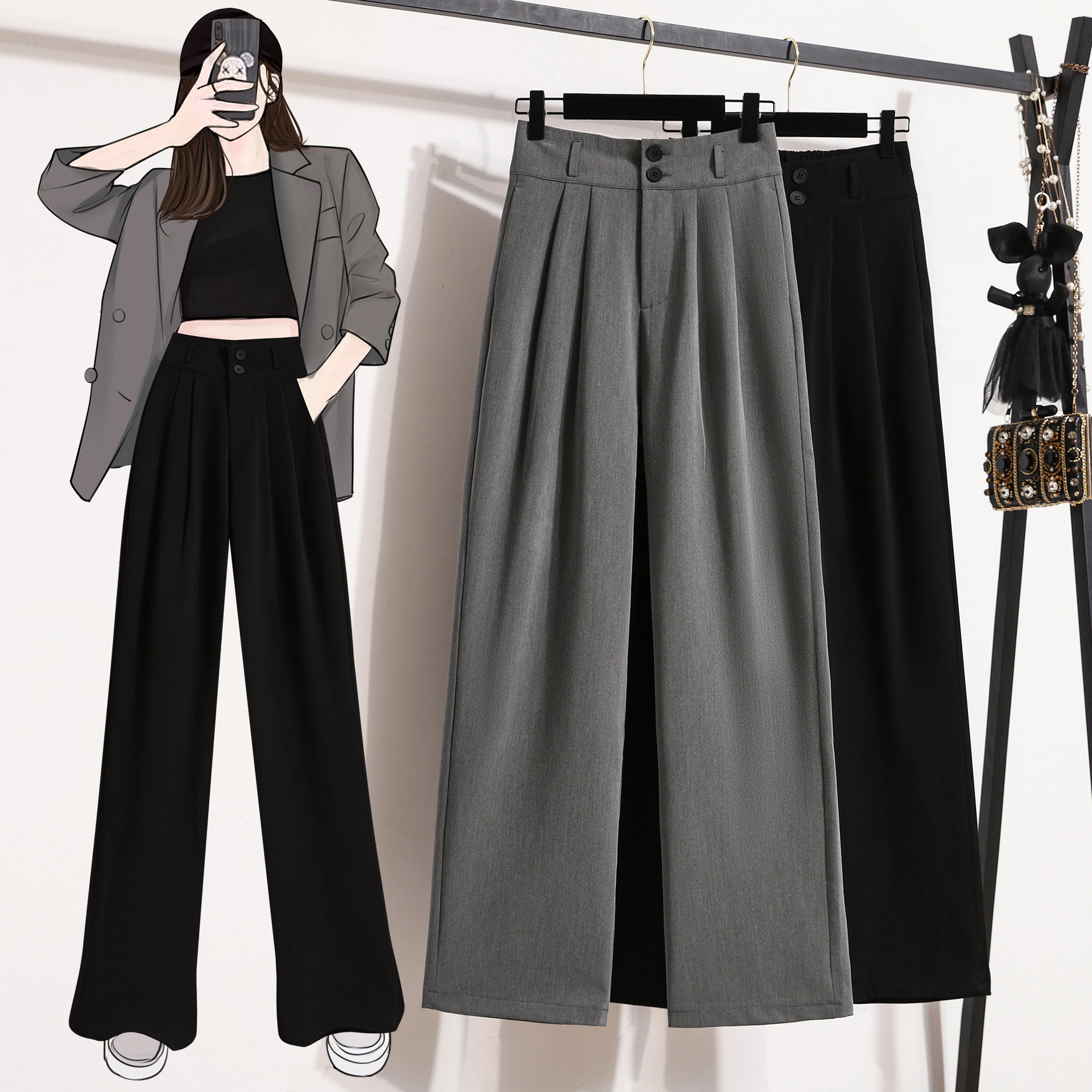 高腰阔腿裤春装新款遮胯显瘦休闲直筒裤大码时尚设计感西装长裤,女装/女士精品,大码裤装,淘宝优惠券,粉丝福利购,淘宝优惠卷