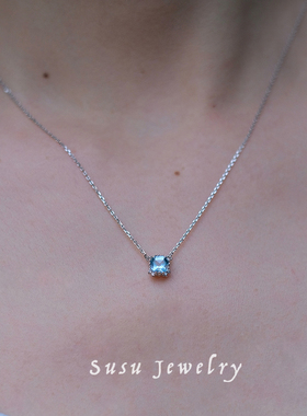 「彩宝」超闪天空蓝托帕石方形通体925纯银天然石细项链精致轻奢