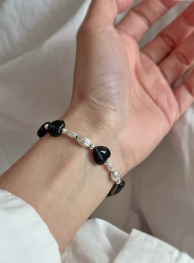 「桃心黑玛瑙」原创通体925纯银橄榄珠天然石手链中古小众礼物