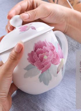 醴陵手绘釉下彩贵妃杯女神办公用杯带盖泡花茶陶瓷水杯礼品