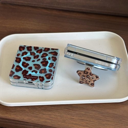 薄巧豹纹磁吸小支架适用小米Mixflip2手机壳三星ZFLIP7/6/5硬壳nova华为PuraX透明蓝色pocket2荣耀vflip/OPPO