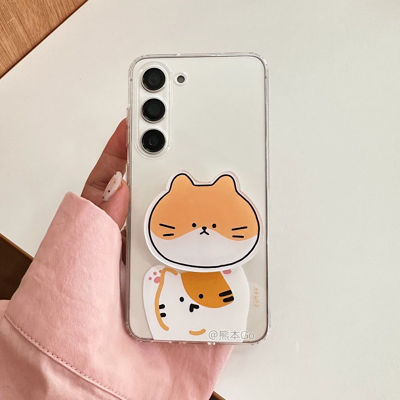 可爱简约猫咪支架适用三星S24/S25手机壳S25ultra透明插画软壳S23+全包S24 Ultra立体壳套S22/s20FE保护壳S21