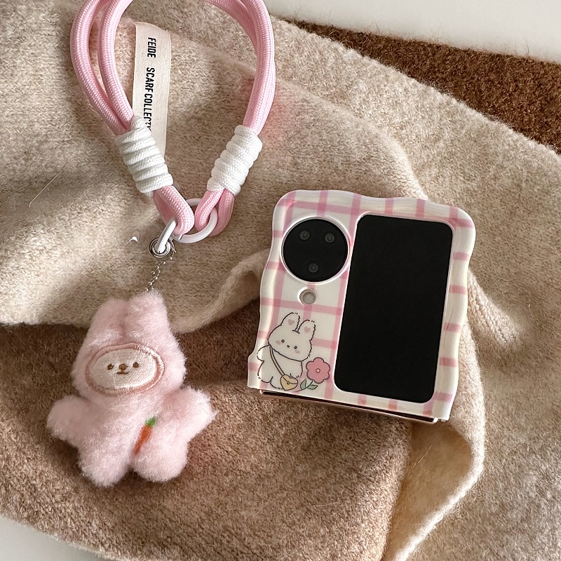 粉色格纹少女心兔子适用oppo find N3flip手机壳N2 FLIP全包保护壳华为P50pocket2 S可爱防摔软壳卡通挂绳款