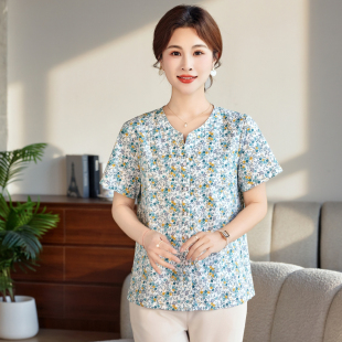 中老年女夏装纯棉短袖T恤开衫妈妈装全棉碎花小衫老人奶奶上衣