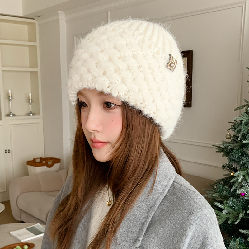 针织帽女秋冬韩版加绒加厚保暖套头帽粗毛线显脸小护耳毛线帽