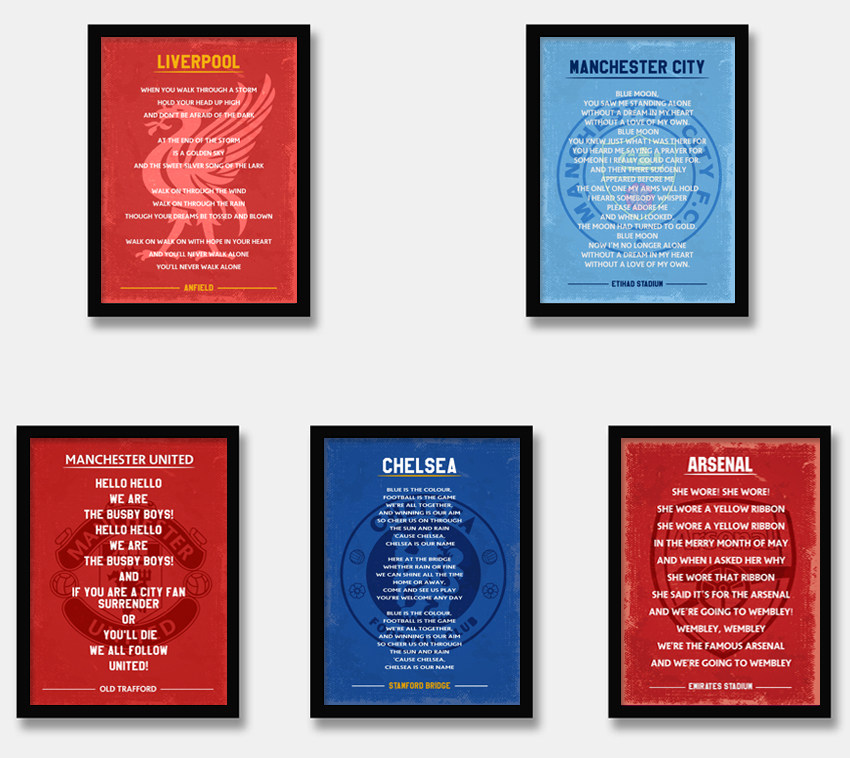 曼城曼联利物浦阿森纳切尔西队歌歌词挂画英文海报有框画装饰画