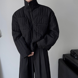 美式 夹棉外套宽松设计感男女休闲拉链薄棉服棉衣 暗黑秋冬立领短款