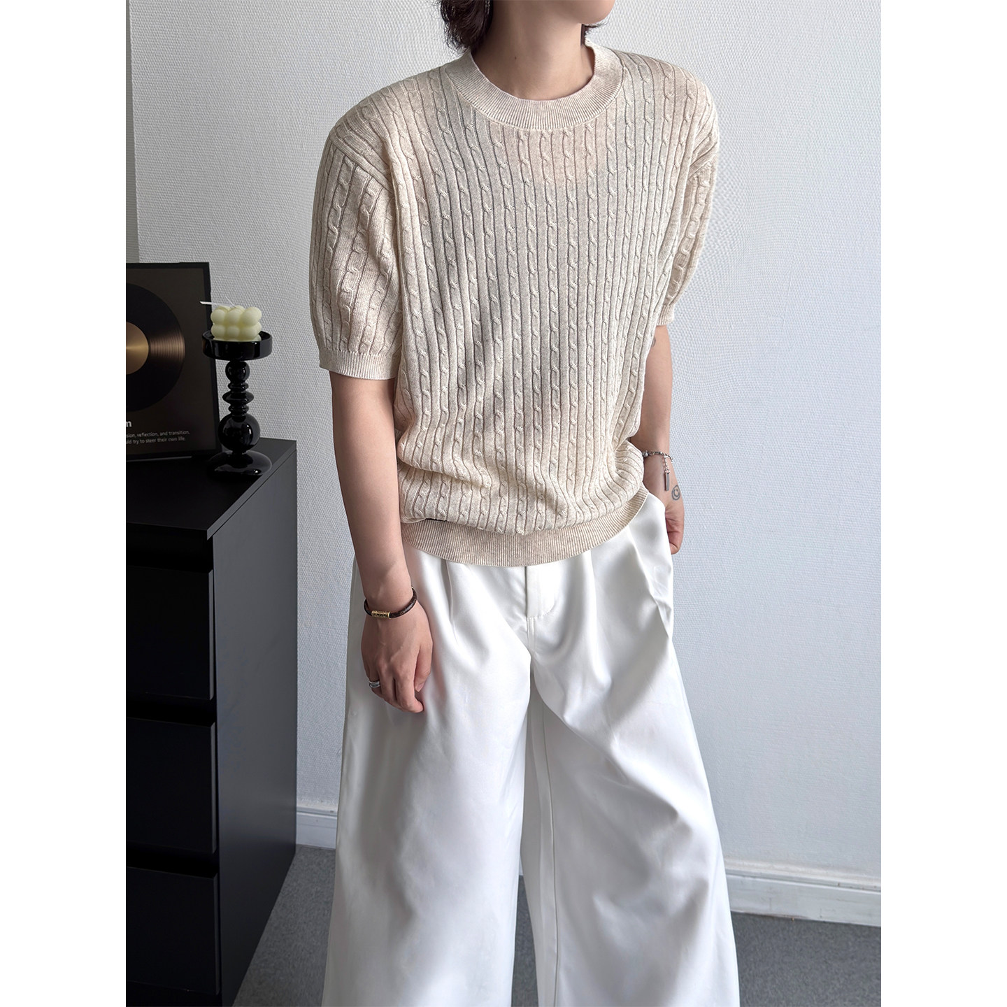 老钱慵懒风纯色圆领麻花针织短袖2026夏男女韩版休闲简约半袖t恤