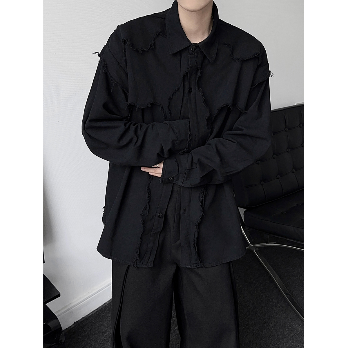 秋季男女翻领长袖暗黑毛边衬衫