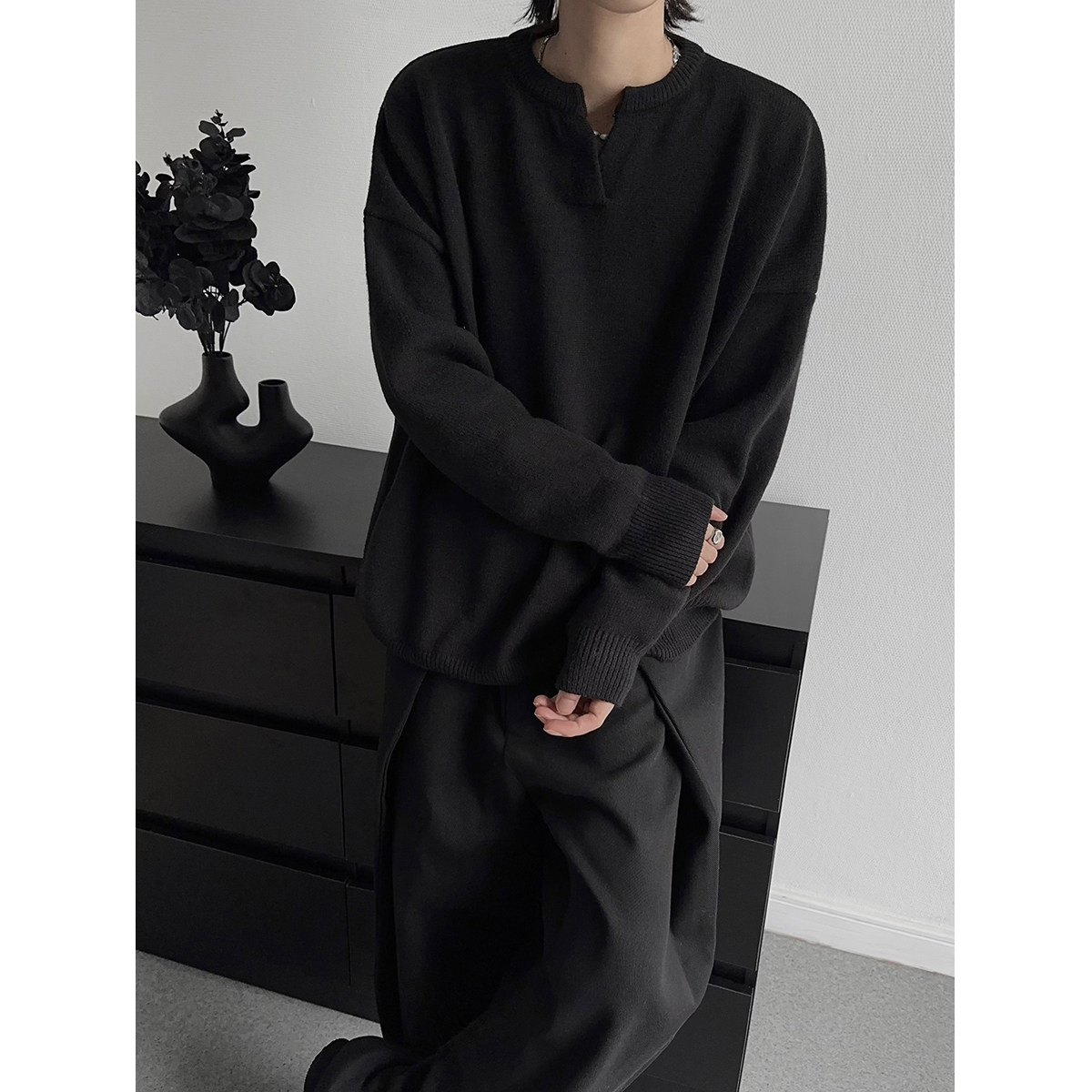 暗黑禁欲风V领套头毛衣2025秋冬男女休闲慵懒感纯色针织衫上衣潮,男装,针织衫/毛衣,淘宝优惠券,粉丝福利购,淘宝优惠卷