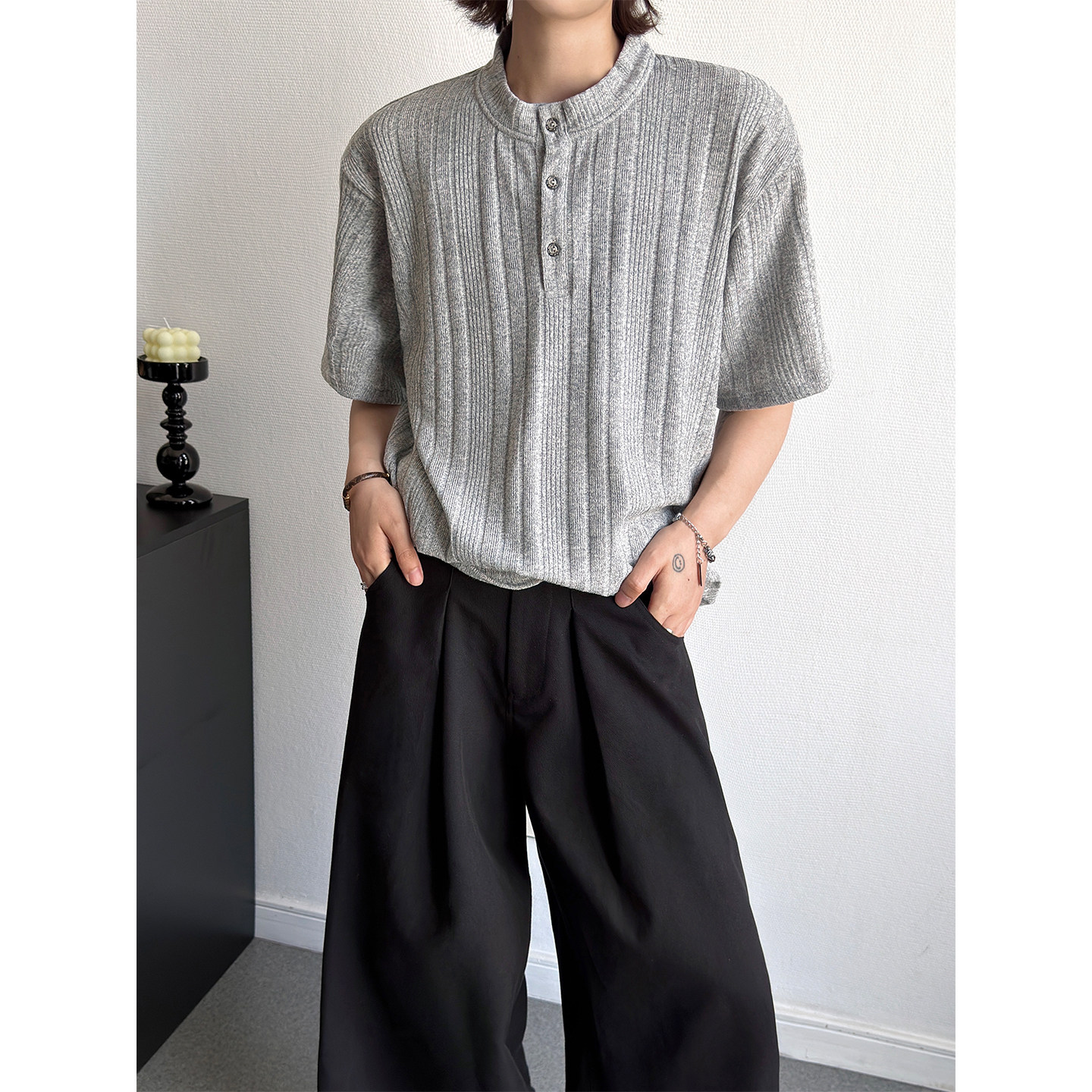 松弛复古有钱风纯色亨利领针织短袖t恤2026夏男女情侣韩版ins半袖
