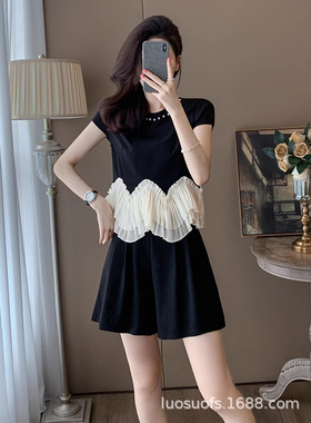 4229轻奢高级感休闲时尚套装女2024夏小香风短袖上衣短裤两件套