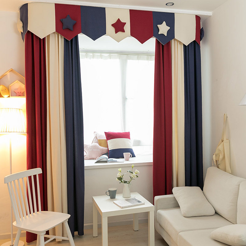 英伦美式地中海儿童房卧室遮光窗帘三色拼接男孩罗马帘成品窗帘