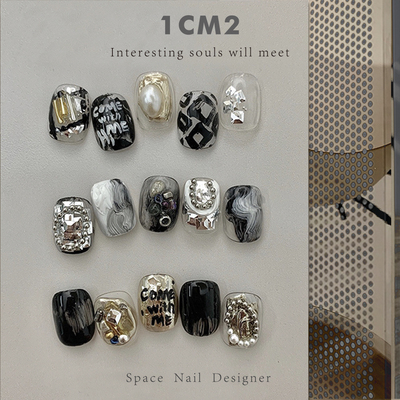 1CM2原创美甲不规则金属黑色