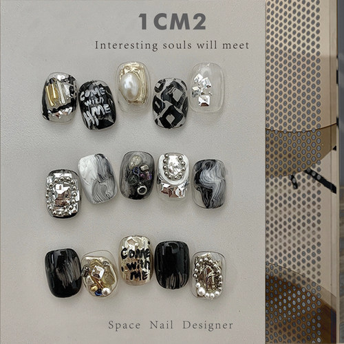 1CM2原创美甲不规则金属黑色