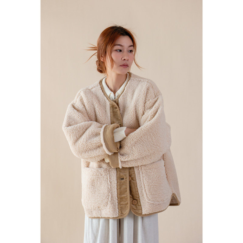 ChatonDesign 皮毛一体外套 拼接灯芯绒羊羔毛圆领大衣外套秋冬女