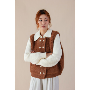 ChatonDesign 棕色复古小众柔软颗粒绒小个子背心外套 羊羔毛马甲