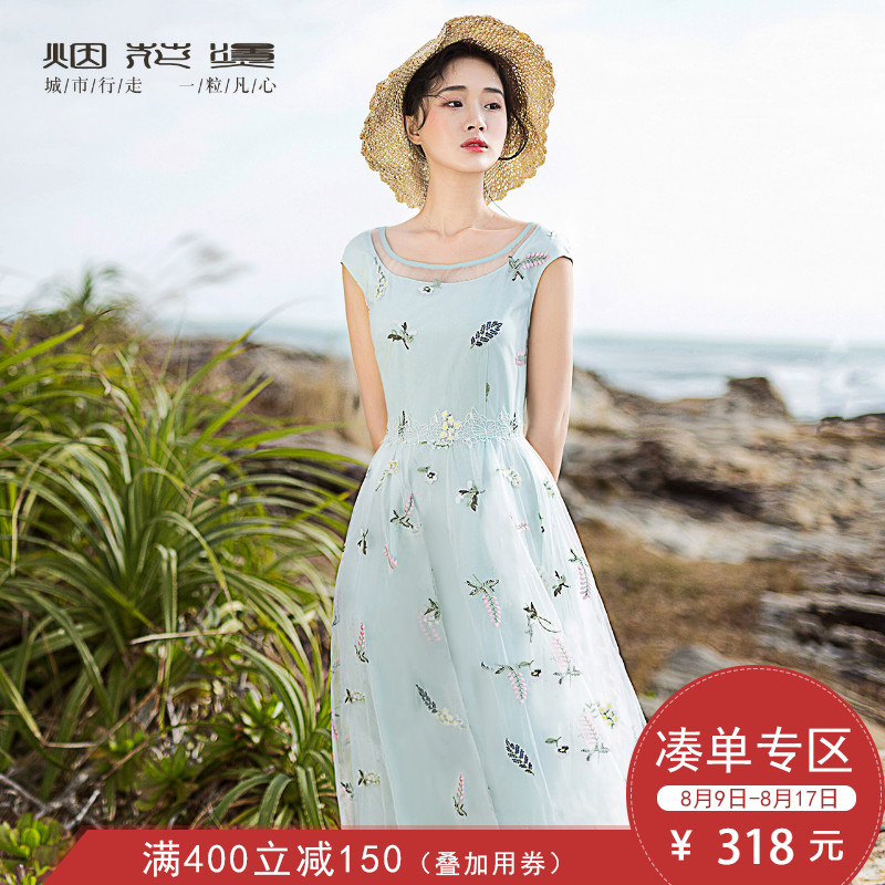 400-150 烟花烫JY2018夏季新品女装绣花淑女高雅长款连衣裙 抚心