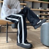 条纹拼色直筒白色卫裤501-1，男装休闲裤，星座501-1