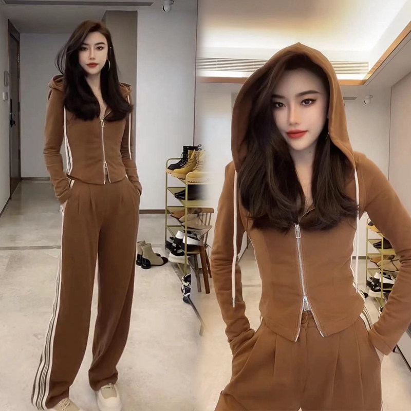 2024 봄 가을 새로운 한국어 스타일 캐주얼 스포츠 정장 여성의 느슨한 기질 탑 넓은 다리 바지 투피스 세트