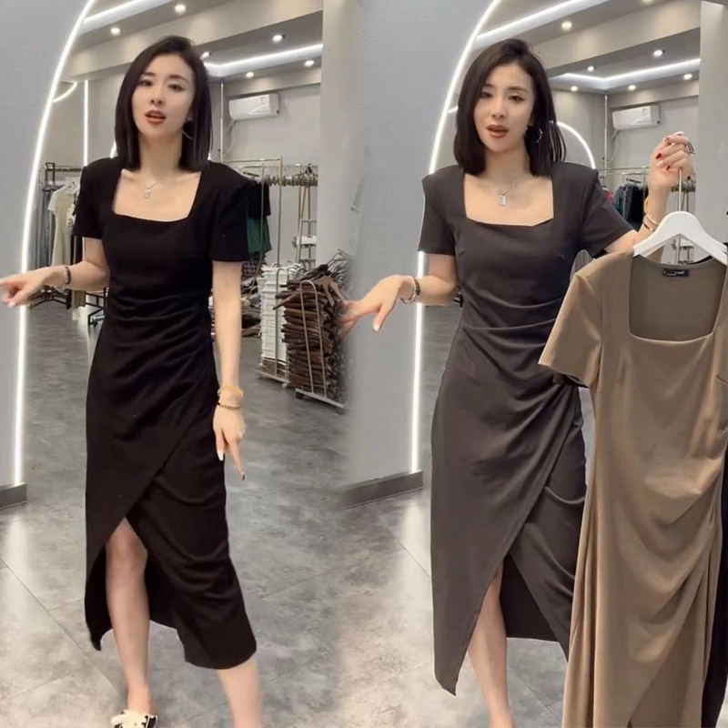 2025夏季新款洋气纯色方领短袖连衣裙女开叉裙气质高腰显瘦一步裙,女装/女士精品,连衣裙,淘宝优惠券,粉丝福利购,淘宝优惠卷