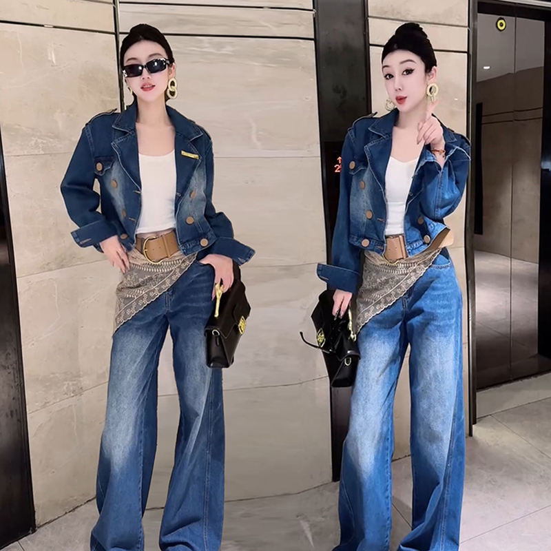 港风时尚休闲牛仔套装女2025春秋新款短外套宽松直筒阔腿裤一整套