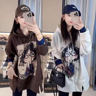 欧韩范2025秋冬新款加绒厚连帽卫衣女卡通宽松遮肉显瘦中长款T恤
