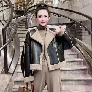 新款 冬季 加厚羊羔毛夹克上衣潮 复古皮毛一体机车服外套女短款 美式