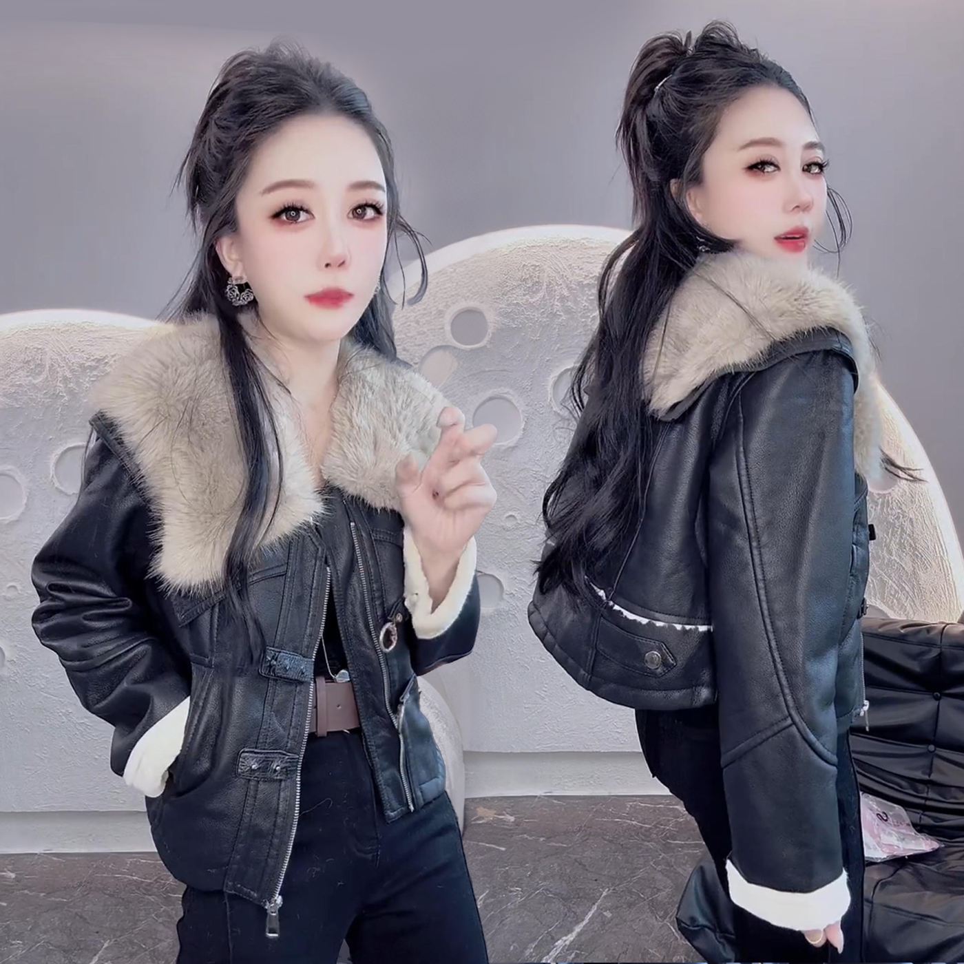 大毛领加绒厚皮衣短外套女2025冬新款韩版保暖时尚PU皮毛一体夹克,女装/女士精品,短外套,淘宝优惠券,粉丝福利购,淘宝优惠卷
