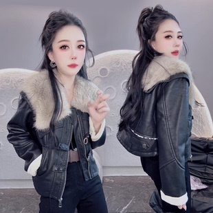 大毛领加绒厚皮衣短外套女2025冬新款韩版保暖时尚PU皮毛一体夹克