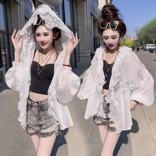 连帽蕾丝雪纺防晒外套欧货2025夏设计感宽松甜美皮肤衣外套女 新款