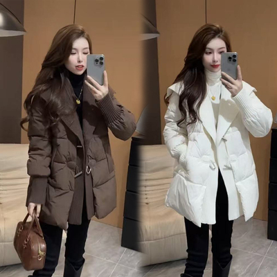 时尚棉服外套中长款翻领牛角扣女